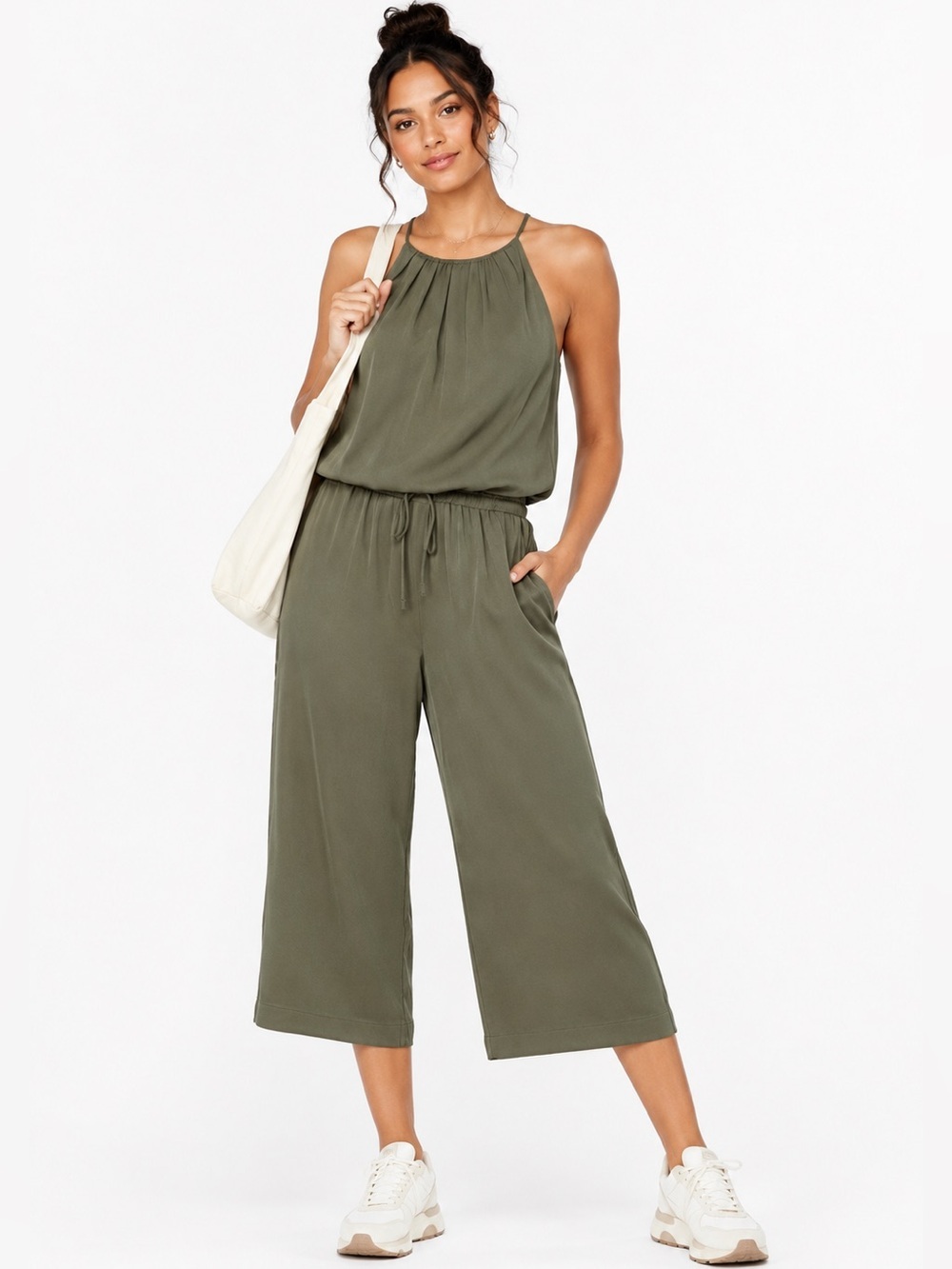 Daily Ritual Women's Tencel Halter Cropped Jumpsuit 2 Green